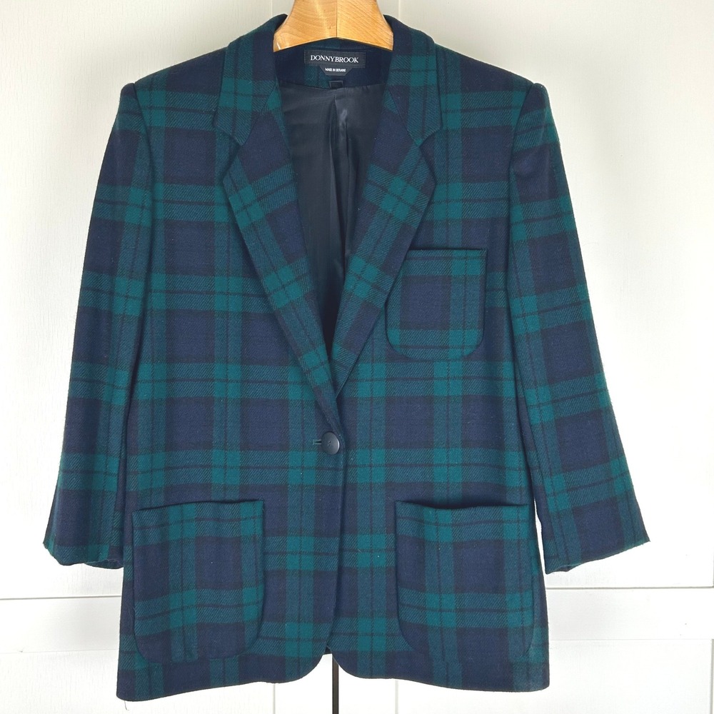 Vintage Donnybrook Blazer Womens 12 Wool Plaid Black Watch Tartan Dark Academia